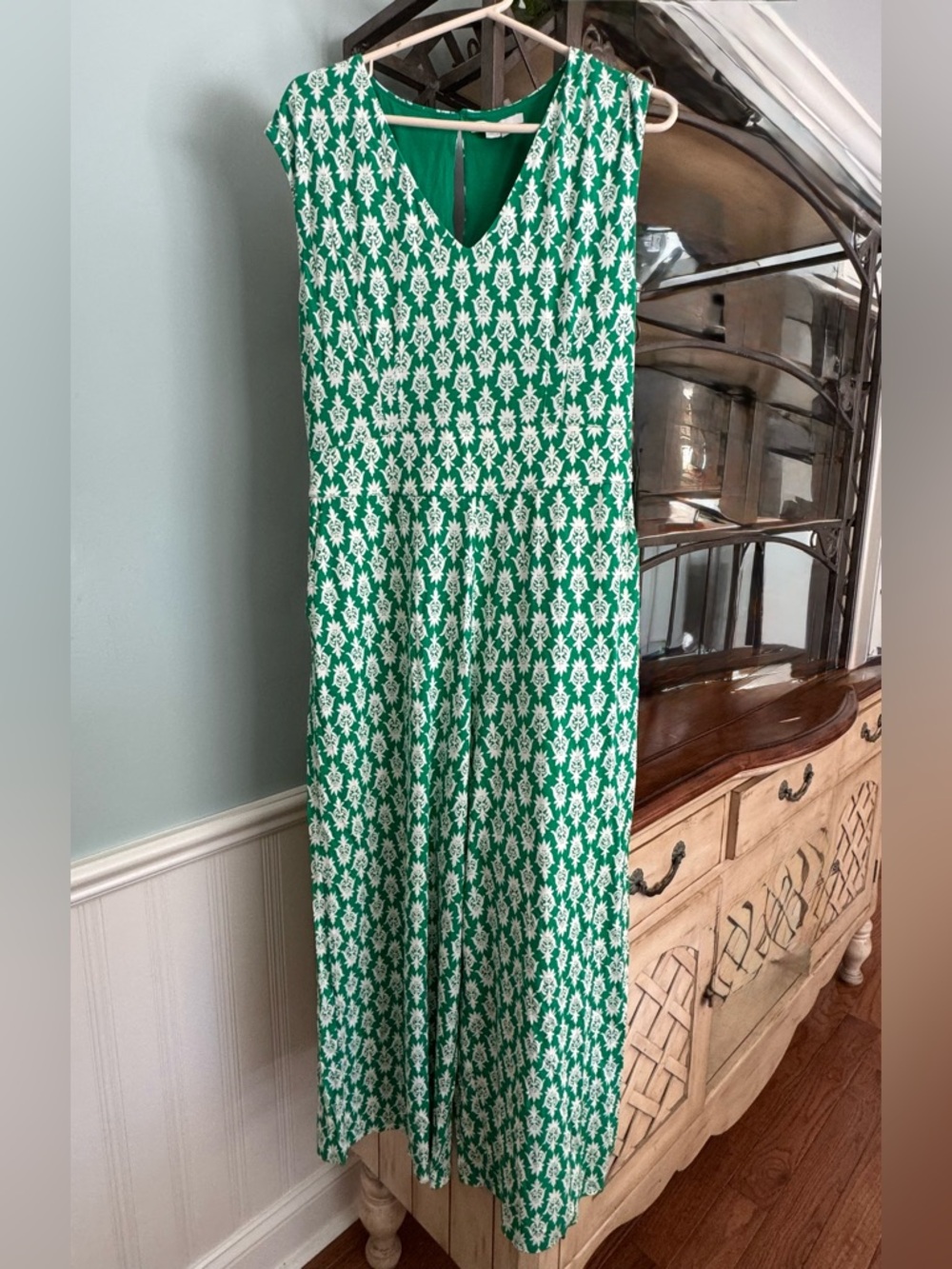 Women’s Boden Wide Leg Sleeveless Jumpsuit Romper Green White Size 12 Reg NWOT